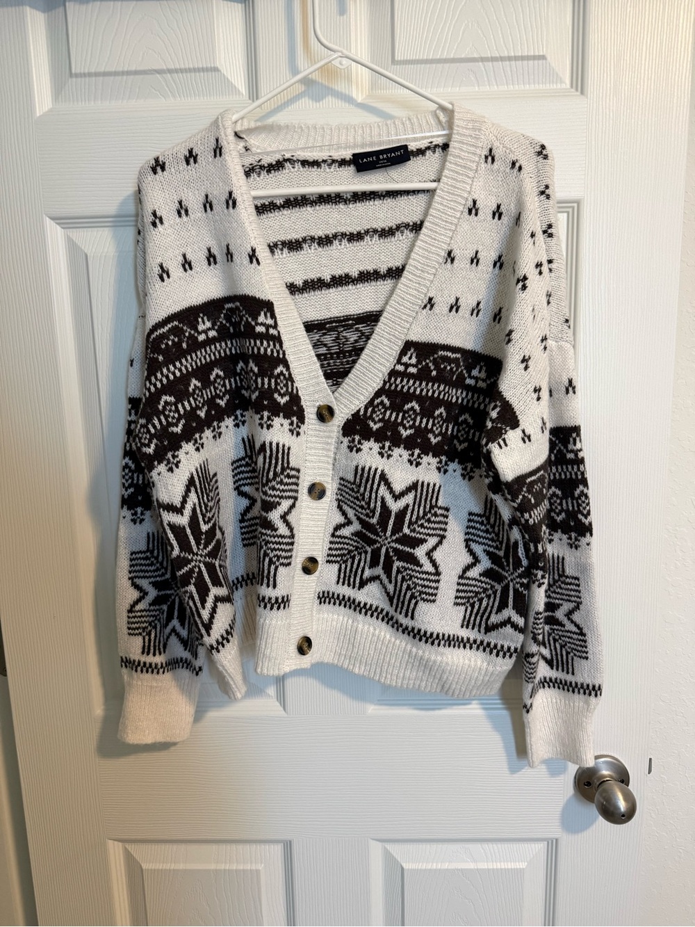 Lane Bryant White and Black Fair Isle V-Neck Button Cardigan